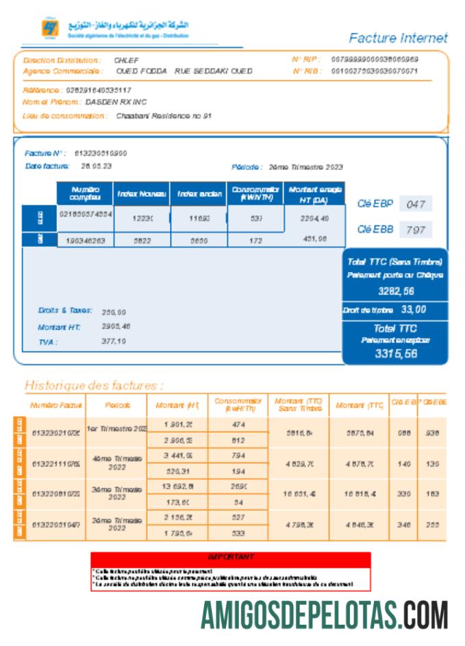 Societe Algerien Distribution Internet Utility Business Bill, SCR exemplo real